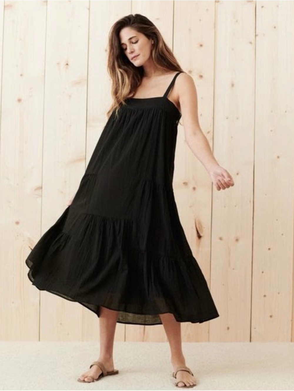 Jenni Kayne Black Tiered Midi Dress with Straps